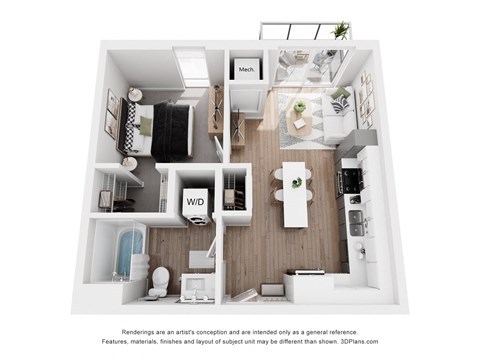 Floor plan for 1 bed, 1 bath, 562 sqft